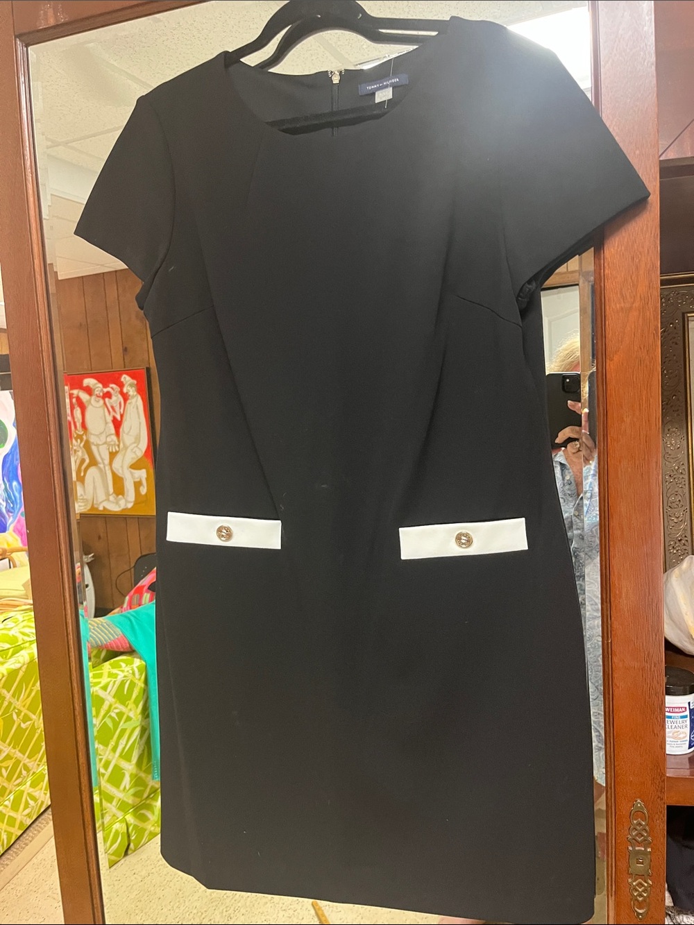 Tommy Hilfiger 14  Classic Black Short-Sleeve Shift Dress with White Pocket Trim